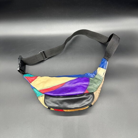 Vintage Leather Patchwork Fanny Pack Waist Bag Adjustable Strap Multi Color 90s - Picture 3 of 9